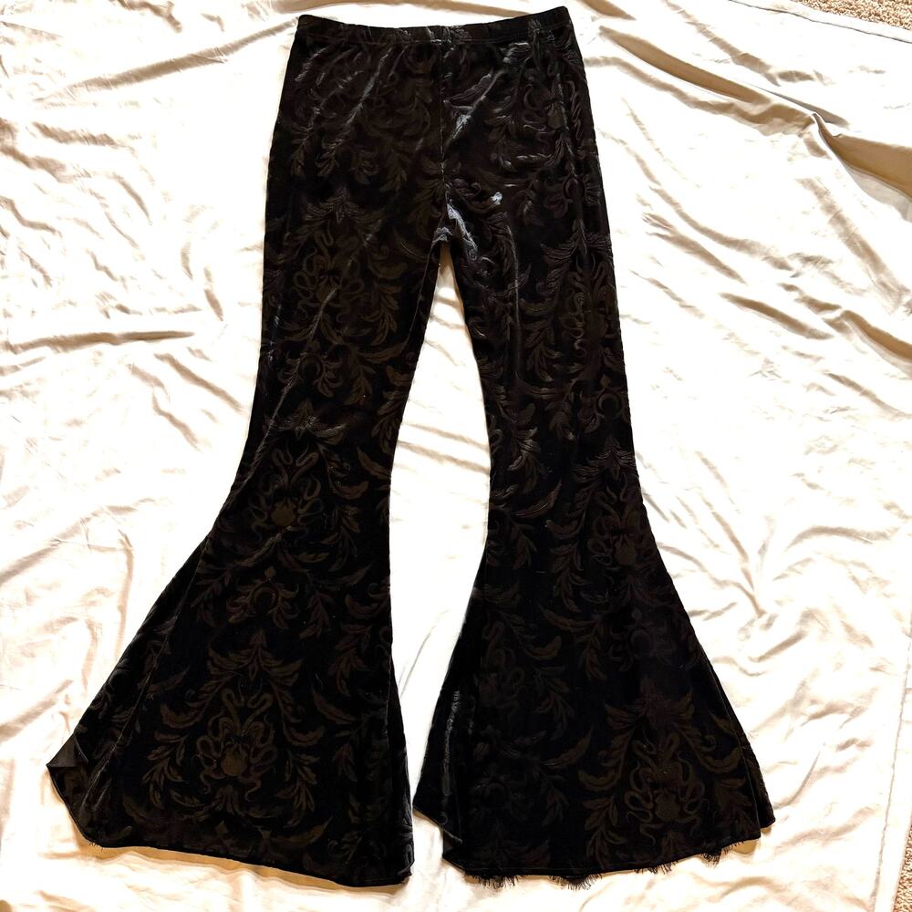 Black Velvet Damask Bell Bottom Pants Small/Medium Elastic Waist Lace Hem Boho - Picture 3 of 11